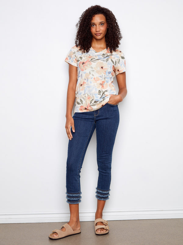 Printed Linen Blend V-Neck T-Shirt - Aurelia