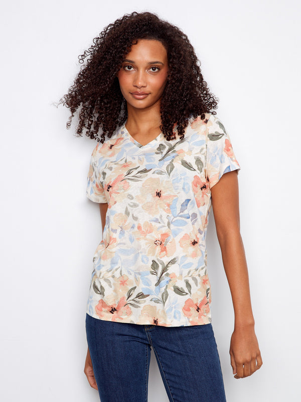 Printed Linen Blend V-Neck T-Shirt - Aurelia