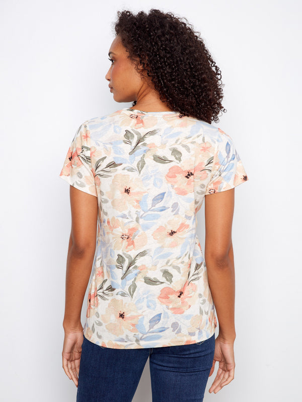 Printed Linen Blend V-Neck T-Shirt - Aurelia