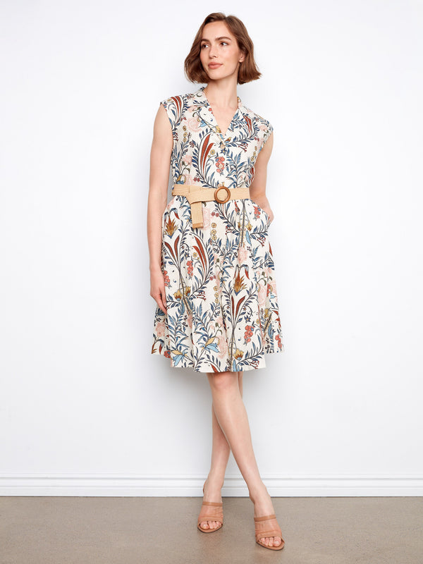Printed Linen Cotton Dress With Straw Belt - Bella