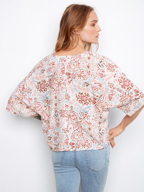 Printed Popover Blouse With Front Tie - Bea
