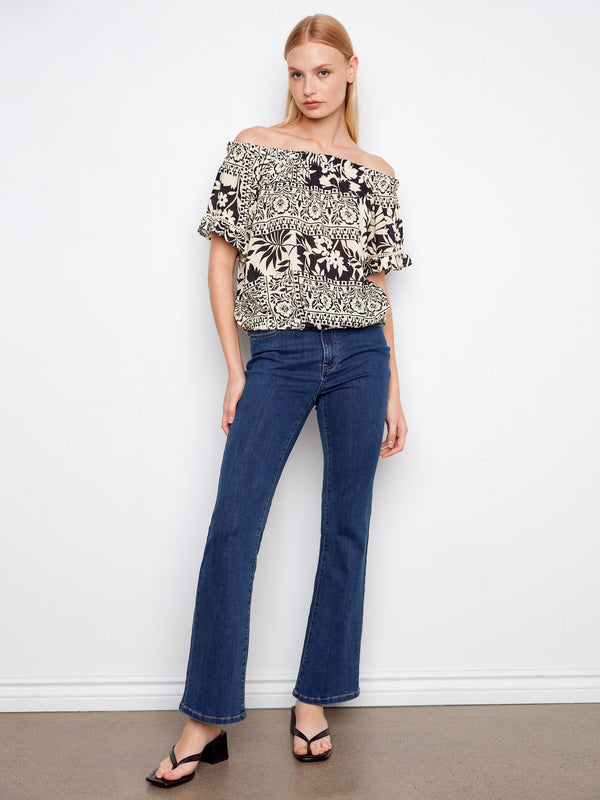 Printed Short Sleeve Off-Shoulder Blouse - Ornato