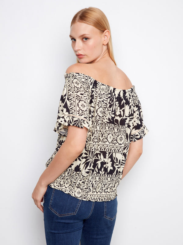 Printed Short Sleeve Off-Shoulder Blouse - Ornato