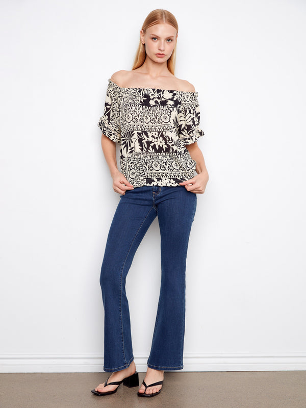 Printed Short Sleeve Off-Shoulder Blouse - Ornato