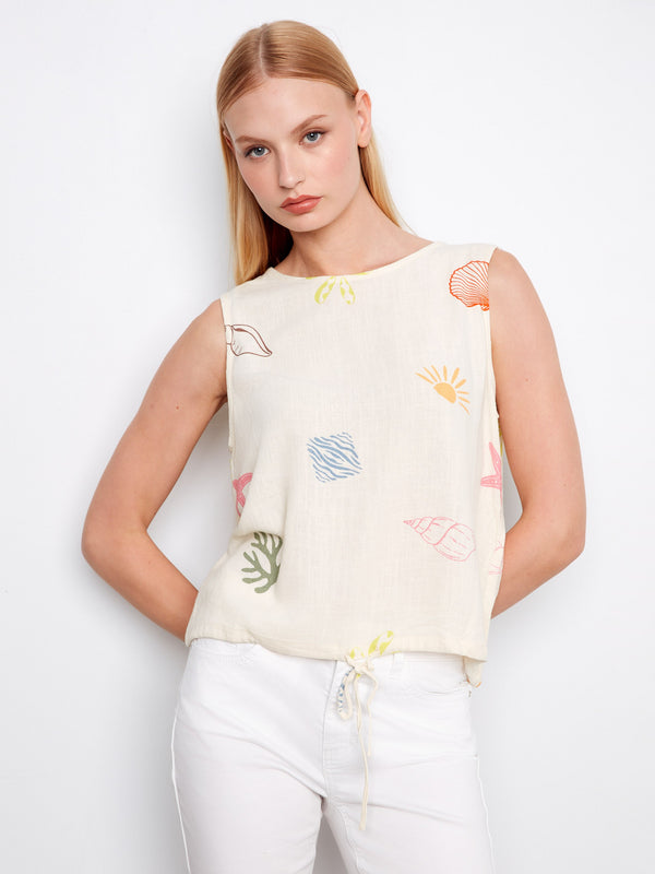 Printed Sleeveless Linen Blend Top With Drawcord - Ocean