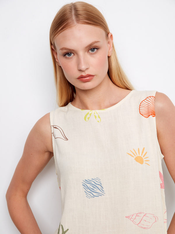 Printed Sleeveless Linen Blend Top With Drawcord - Ocean