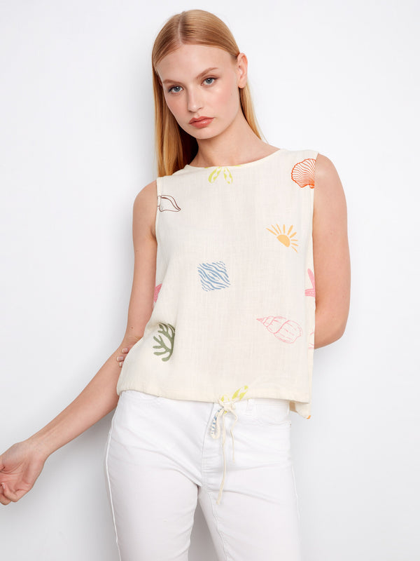 Printed Sleeveless Linen Blend Top With Drawcord - Ocean