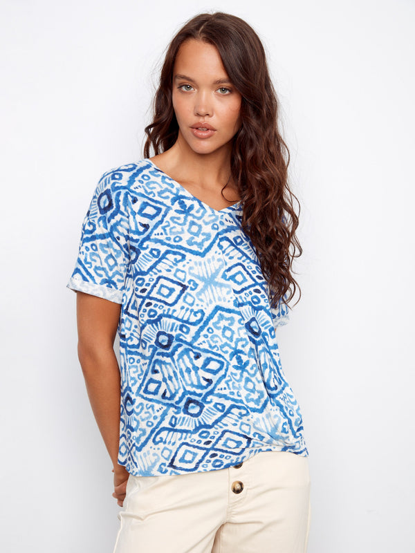 Printed V-Neck T-Shirt With Knot Detail - Border