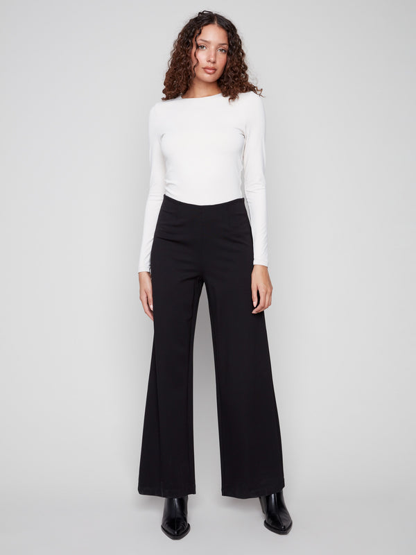 Pull-On Ponte Wide Leg Pants - Black