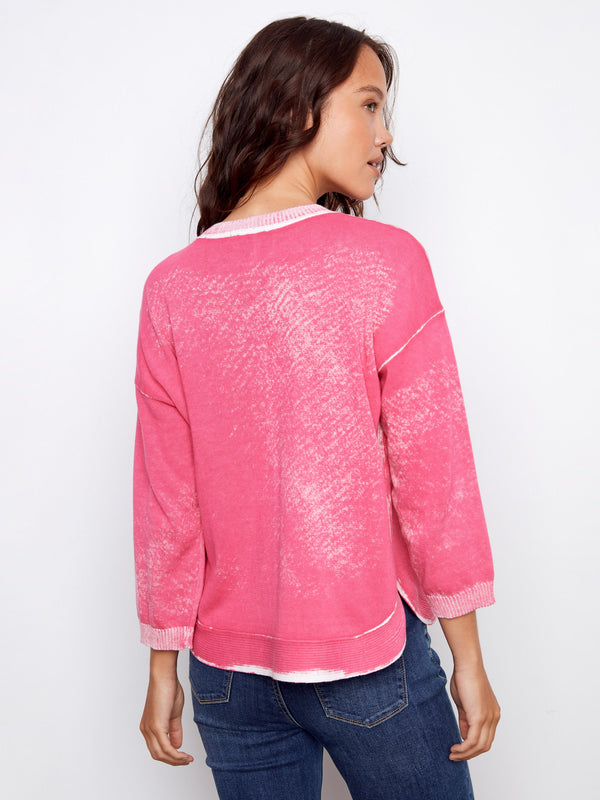Rounded Hem Cotton Sweater - Fuchsia