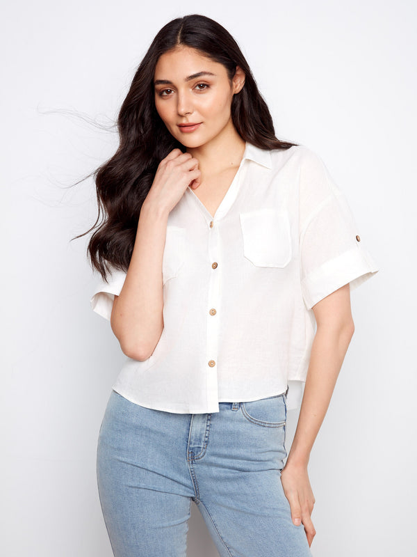 Short Sleeve Button-Front Linen Blend Shirt - White
