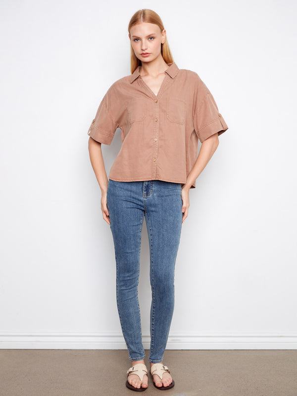 Short Sleeve Button-Front Tencel Shirt - Desert