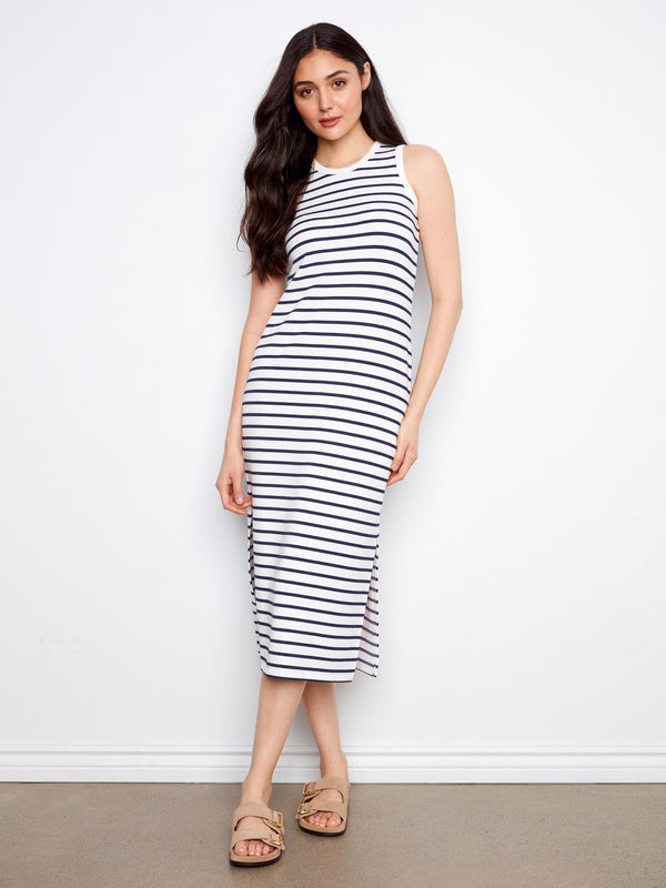 Sleeveless Striped Scuba Dress - Denim