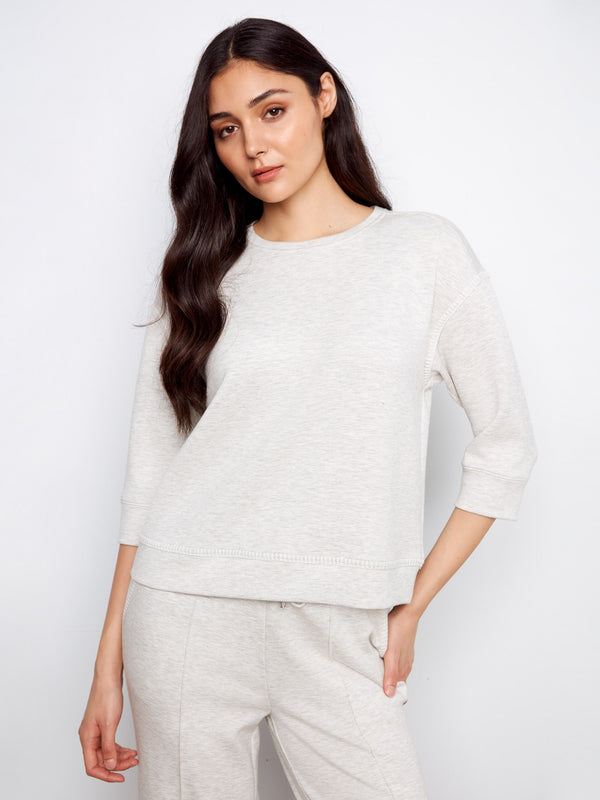 Soft Scuba 3/4 Sleeve Top - Heather Light Grey