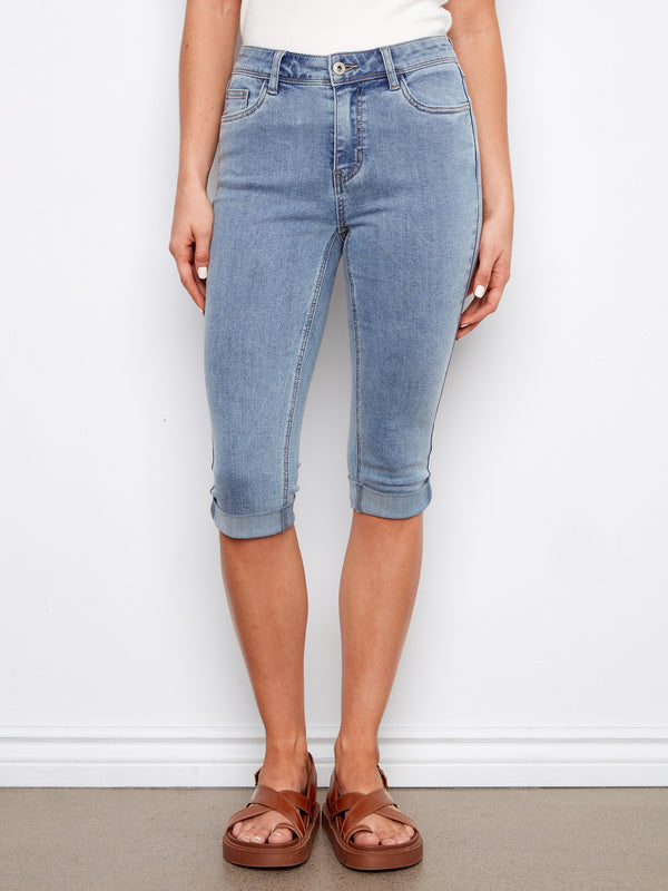 Stretch Denim Pedal Pushers - Light Blue
