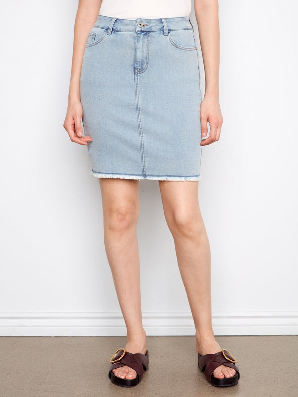 Stretch Denim Skort With Frayed Hem - Bleach Blue