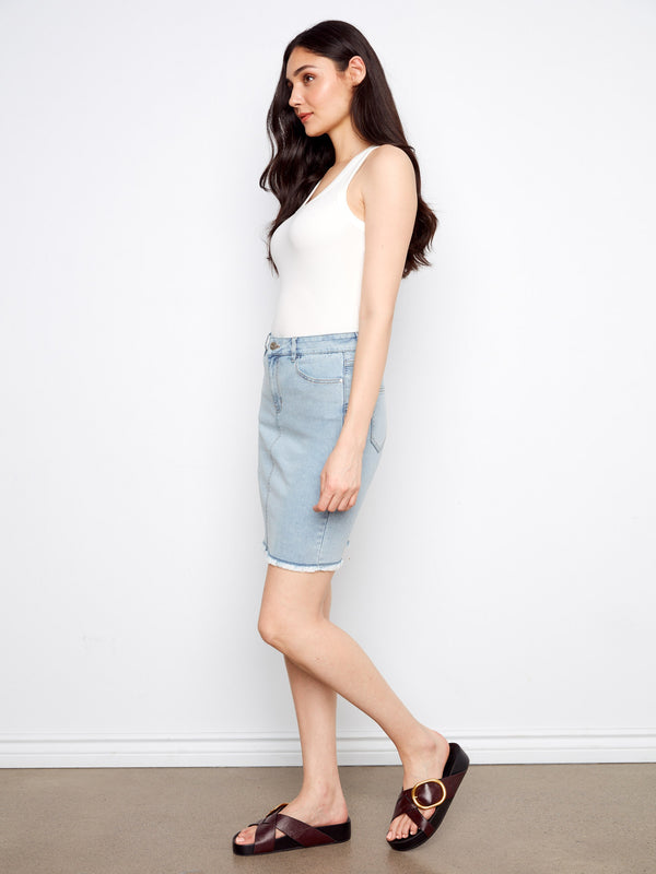 Stretch Denim Skort With Frayed Hem - Bleach Blue