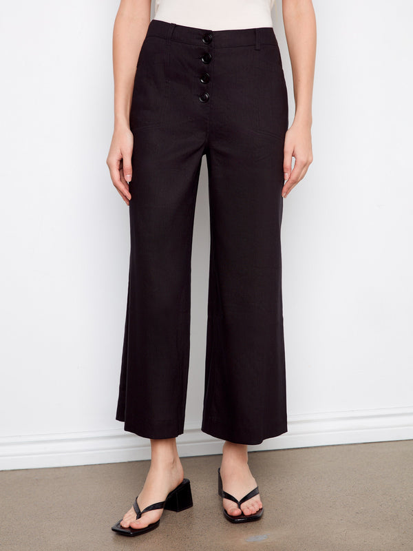 Stretch Linen Wide Leg Button-Front Pants - Black