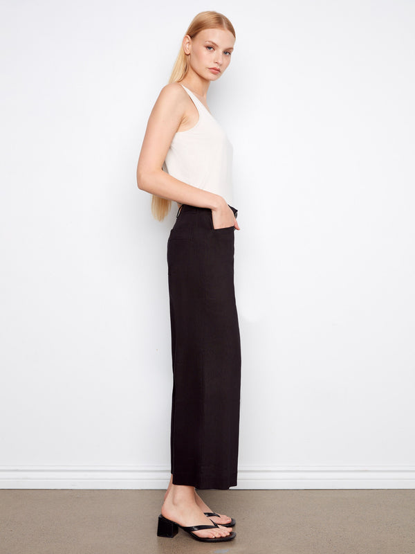 Stretch Linen Wide Leg Button-Front Pants - Black