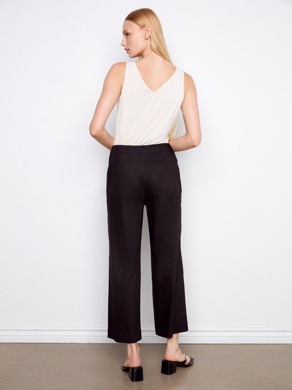 Stretch Linen Wide Leg Button-Front Pants - Black
