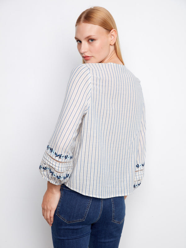 Striped Cotton Blouse With Embroidered Sleeves - Lapis