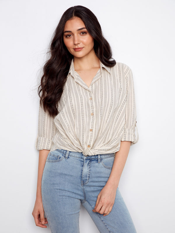 Striped Cotton-Linen Blend Shirt With Front Twist - Fog