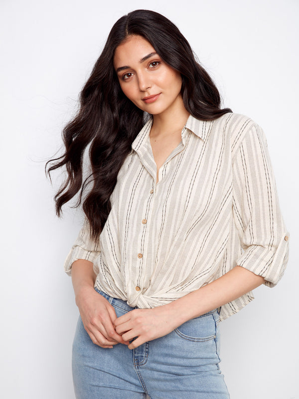 Striped Cotton-Linen Blend Shirt With Front Twist - Fog