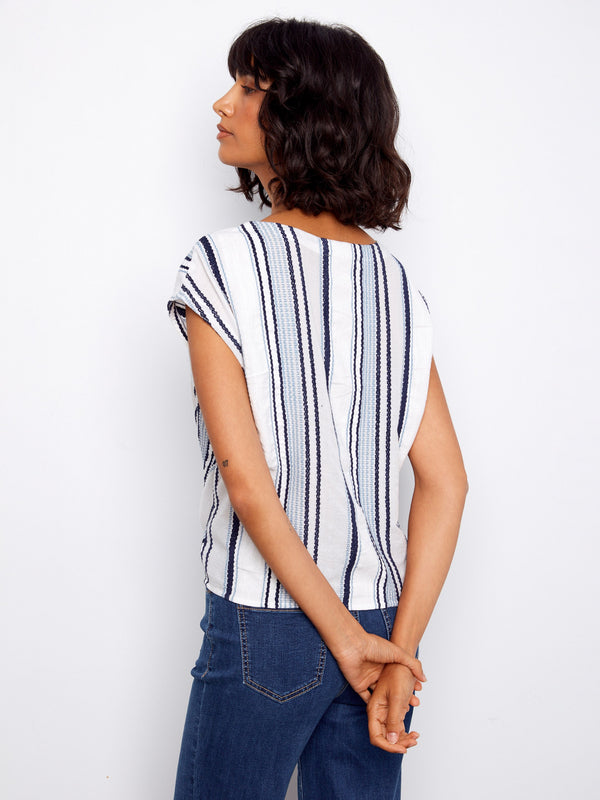 Striped Cotton Tie-Front Blouse - Cloud