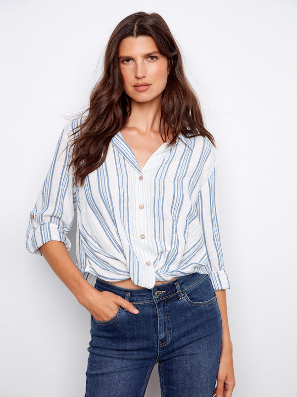Striped Linen Blend Shirt With Front Twist - Denim