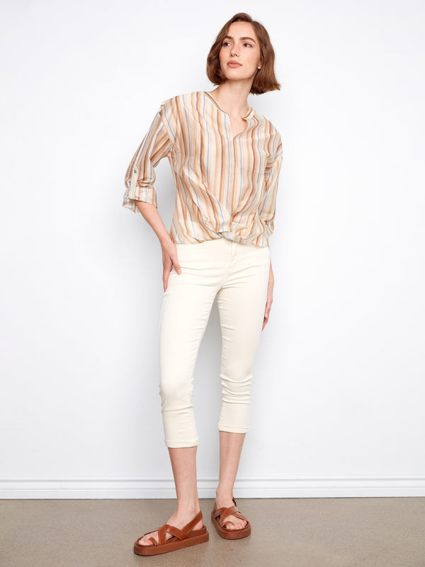 Striped Tencel Blouse With Front Twist - Brownie