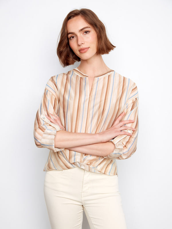 Striped Tencel Blouse With Front Twist - Brownie