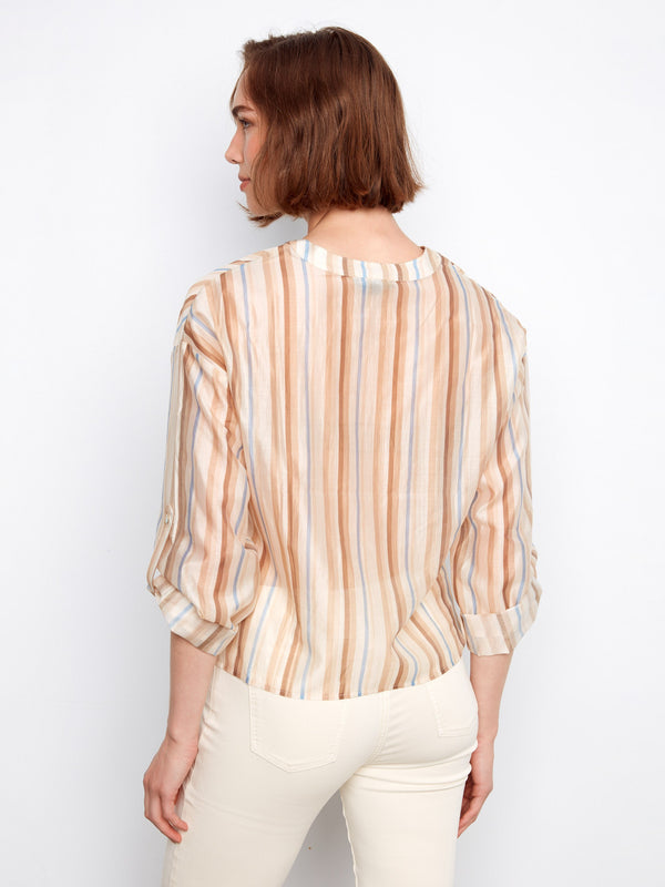 Striped Tencel Blouse With Front Twist - Brownie
