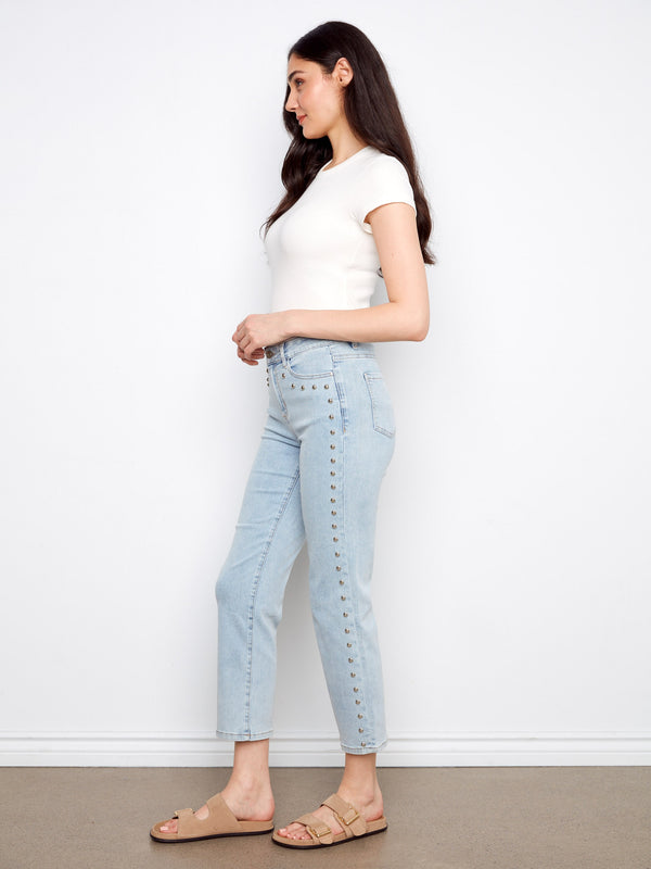 Studded Straight Leg Jeans - Light Blue