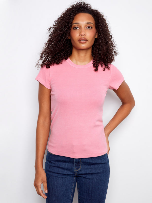 Tencel Ribbed Crew Neck T-Shirt - Candy