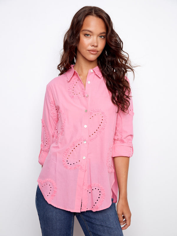 Textured Cotton Button-Down Shirt - Candy
