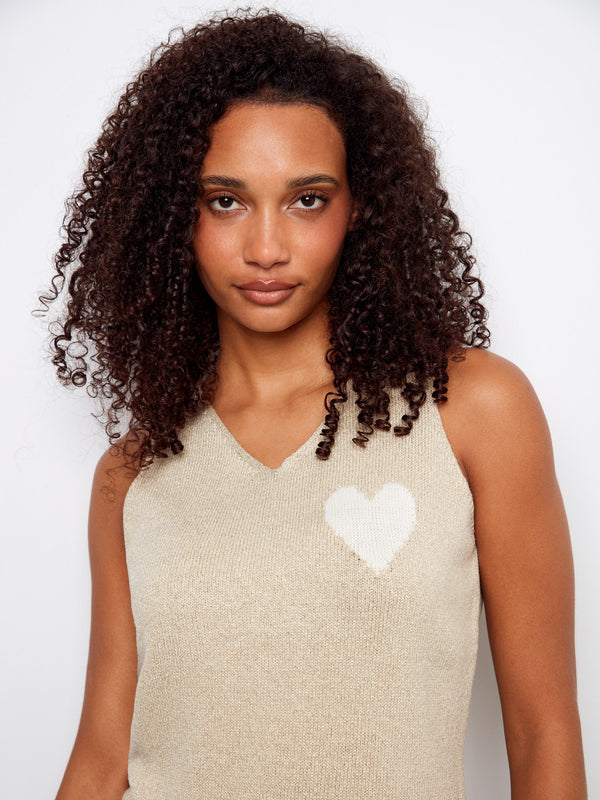 V-Neck Knit Cami With Heart - Gold