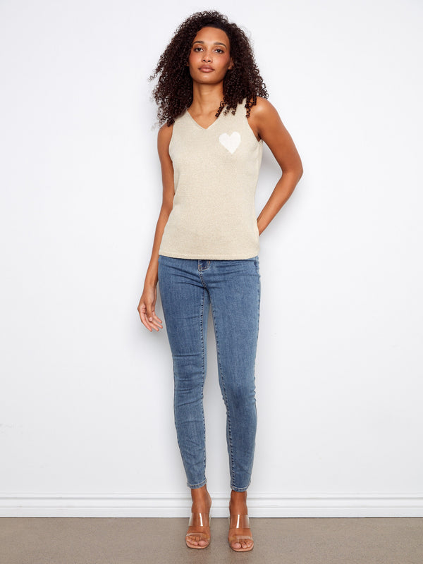 V-Neck Knit Cami With Heart - Gold