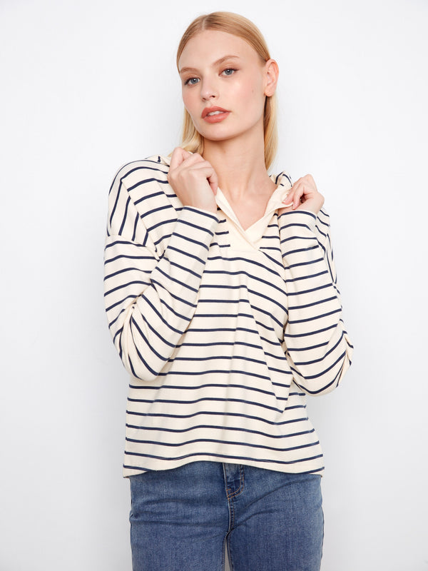 V-Neck Striped Hoodie - Navy