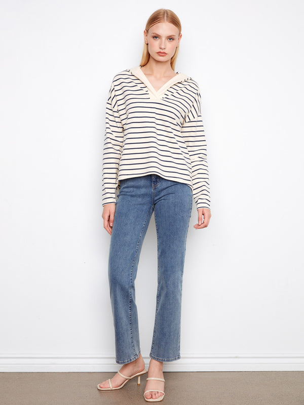 V-Neck Striped Hoodie - Navy
