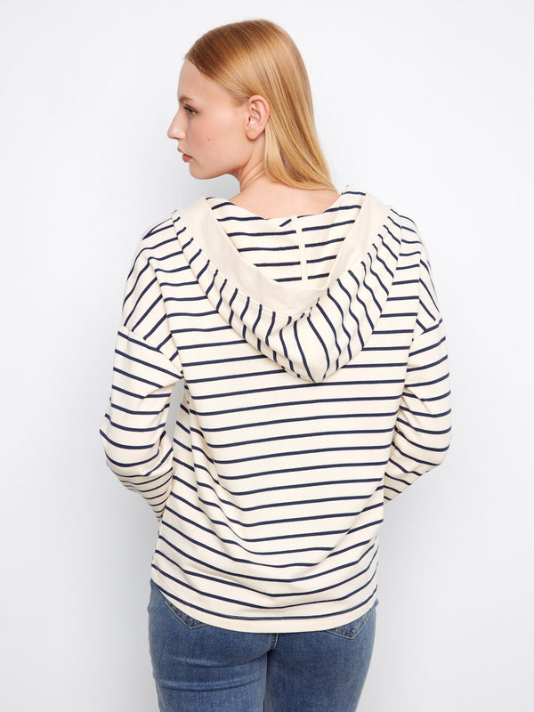 V-Neck Striped Hoodie - Navy