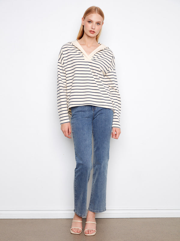 V-Neck Striped Hoodie - Navy